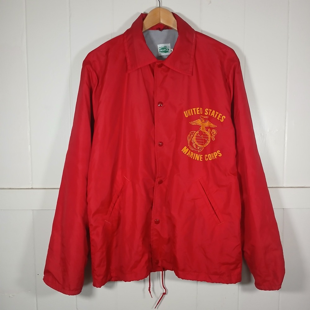 Vintage USMC Marine Corps Maple Coaches Jacket Mens Medium Red Windbreaker